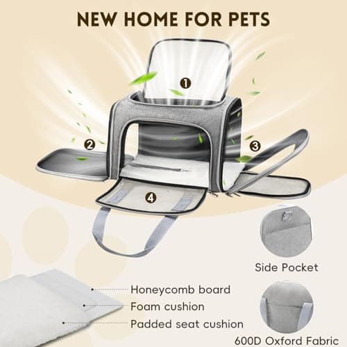 Zedkeys Cat Carrier Soft, Dog Carriers for Small Dogs/Large Cats (Up to 16lbs), with High Breathability, Shoulder Strap, Removable Pad, Pet Carrier Airline Approved, for Home Outdoor Travel (Gray) — view 2