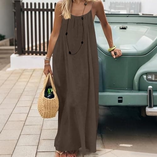 Summer Dresses for Women Backless Cami Dress Spaghetti Stra Flowy Moomoo House Dress Low Back Maxi Beach Vacation Sundress Coffee — view 6