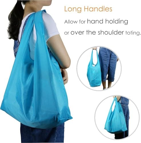 BeeGreen Light Blue Reusable Grocery Bags with Zipper Storage Pouch 10 Packs Blue Reusable Shopping Bags Bulk with Elastic Band Foldable-Machine Washable — view 5