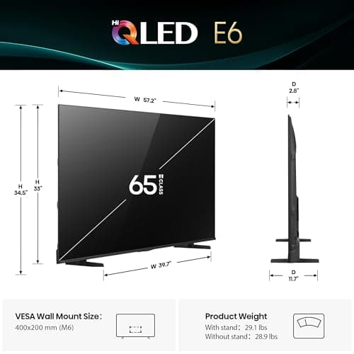 Hisense 65" E6 Cinema Series Hi-QLED 4K UHD Smart Fire TV (65E6QF) -AI Light Sensor, Dolby Vision · Atmos, Voice Remote with Alexa, Motion Rate 120, HDR 10+ Adaptive, Game Mode Plus — view 2