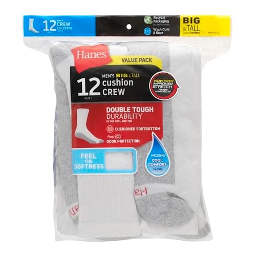 Hanes Mens Double Tough Socks, 12-pair Pack Crew Socks, White/Grey Foot Bottom, 6-12 — view 4
