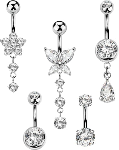 OUFER 5PCS Silver Belly Button Rings Dangle– 14G Surgical Steel Belly Button Piercing, Hypoallergenic Belly Rings with CZ Butterfly Flower Teardrop Barbell for Beach Festival Gym