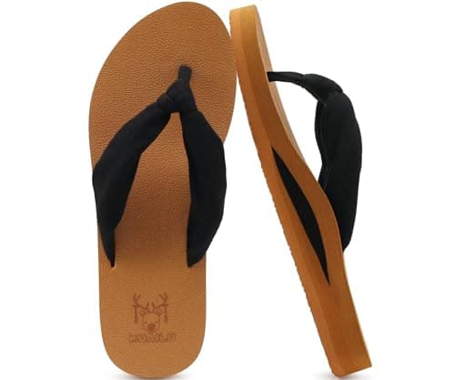KuaiLu Flip Flops Women Arch Support Yoga Mat Comfortable Summer Beach Walking Thong Cushion Sandals Slip on Outfits Travel Essential Orthotic Slides Indoor Outdoor Slippers Shoes Black Khaki Size 6.5