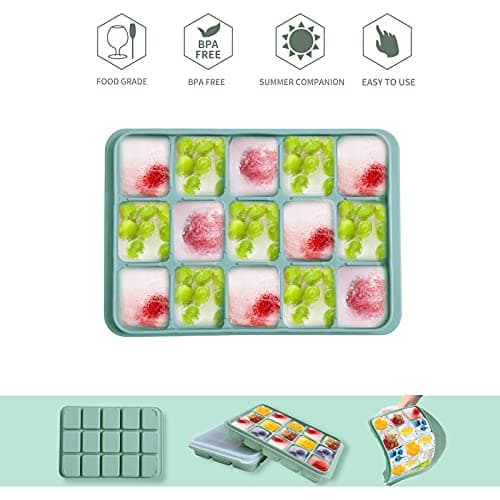 Tvmania Ice Cube Trays Set of 2, Easy Release 15 Flexible Silicone Ice Cube Molds with Removable Lid Reusable Freezer Ice Trays Stackable for Whiskey, BPA Free (Green) — view 2