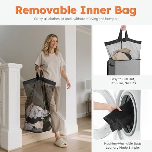 SOLEDI 100L Laundry Basket with Lid Large Laundry Hamper, Clothes Hamper with Laundry Bag Easy to Carry, Collapsible Storage Bins for Bedroom, Bathroom, Dorm, Apartment, College, Wardrobe, Grey — view 5