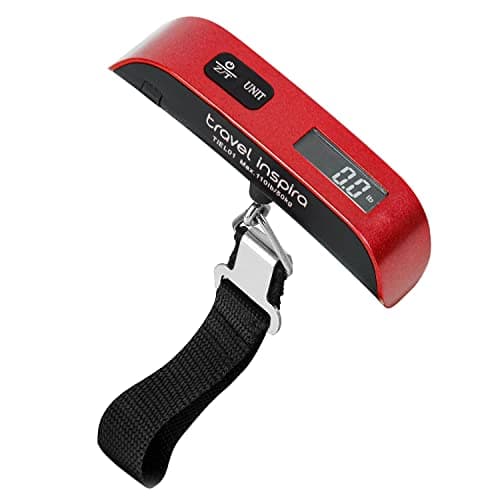 travel inspira Luggage Scale, Portable Digital Hanging Baggage Scale for Travel, Suitcase Weight Scale with Rubber Paint, 110 Pounds, Battery Included RED