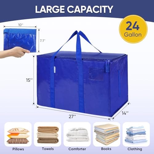 TICONN 6 Pack Extra Large Moving Bags Heavy Duty with Zippers & Carrying Handles, Durable Storage Bags Moving Boxes for Closet Organizers and Storage (6 Pack, Blue) — view 3