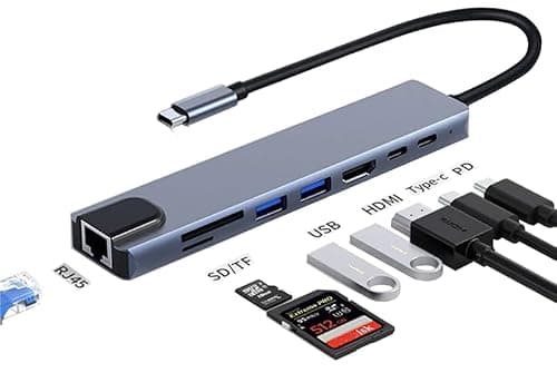 USB C Hub Adapter Laptop Docking Station 8 in 1 USBC Dongle to 4K HDMI,Ethernet,2 USB,Type-C,SD TF Card Reader,PD 100W Compatible with iPhone16/MacBook/Dell and Other Type C Laptops Device