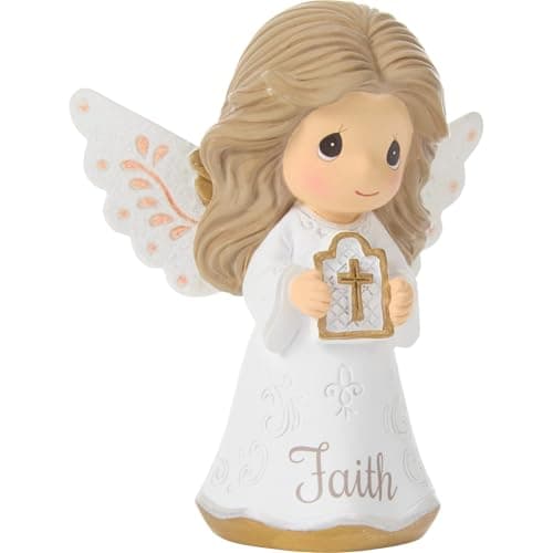 Precious Moments 252428 Faith Mini Angel Figurine Holding Cross, Inspirational Resin Angel with Peach Wing Accents, Religious Gift for Communion or Confirmation — view 2