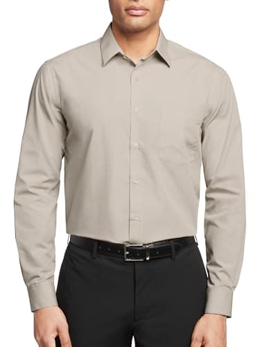 Van Heusen mens Regular Fit Poplin Solid Dress Shirt, Stone, 16.5 Neck 34 -35 Sleeve Large US