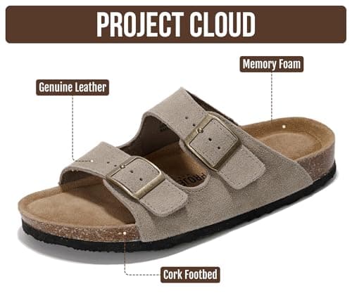 Project Cloud 100% Genuine Leather Flat Sandals For Women 2026 Cork Footbed Womens Sandals with Memory Foam and arch support Vacation Essentials Slides for Women Footwear (Venita, taupsu, 8) — view 2