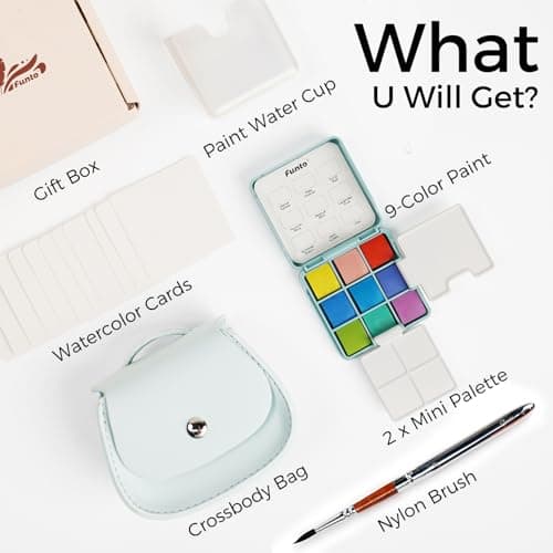 Funto Mini Watercolor Set Travel Kit with 9 Colors, Leather Bag & Watercolor Paper, Portable Drawing & Painting Supplies for Beginners, Art Gift Set — view 3