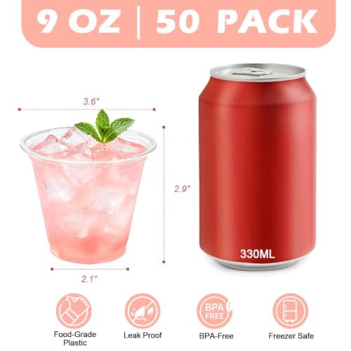 Lamosi 9 oz Plastic Cups 50 Pack, Disposable Clear Cups No Lids
