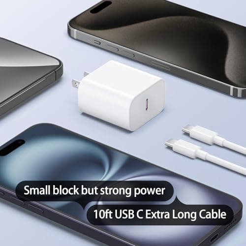10ft Cable for Apple iPhone 16 15 Pro Max Charger Fast Charging iPad AirPods 4 (USB-C), 20w Type C Blcok 10-ft Long USB C to C Cord White 1Pack — view 2