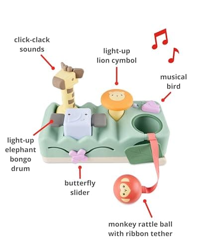 Skip Hop Tummy Time & Seated Play Cause & Effect Developmental Musical Baby Toy with 12 Animal Sounds, Lights, Music and 6 Activities, Geometric Wonders 2-in-1 Pounding Bench, Age 3m+ — view 3