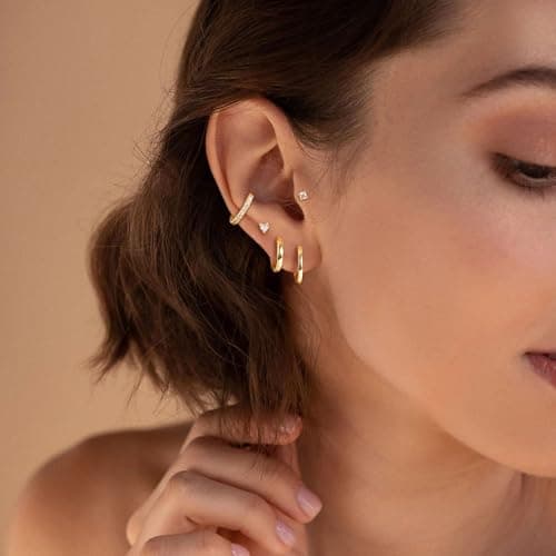 M MOOHAM Hypoallergenic Flat Back Earring Stack for Women Teen Girls, 14K Gold Plated Small Huggie Hoop Earrings Trendy Dainty Gold Cartilage Stud Earring Stacks Set Jewelry Gifts for Women Girls — view 6