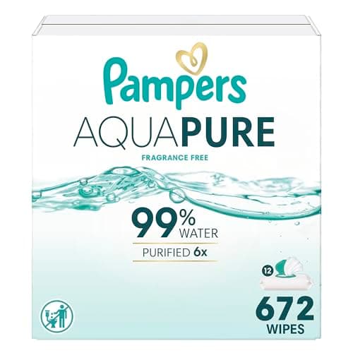 Pampers Aqua Pure Baby Wipes, 99% Water, Fragrance Free, Unscented, Water Based, Multi-Use, 672 Wipes Total (12X Flip-Top Packs) [Packaging May Vary]