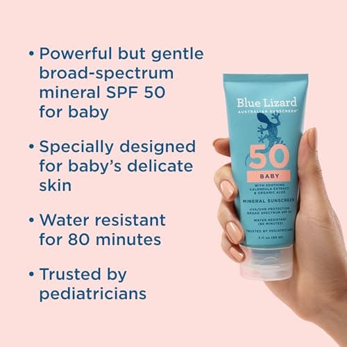 BLUE LIZARD Baby Mineral Sunscreen with Zinc Oxide, SPF 50+, Water Resistant, UVA/UVB Protection with Smart Cap Technology - Fragrance Free, 3 Ounce Tube