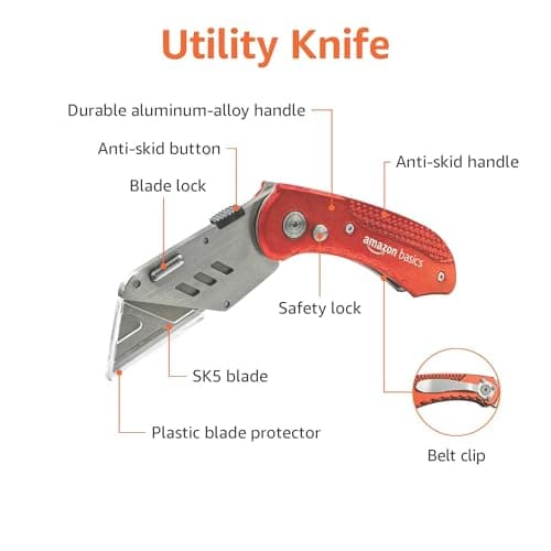 Amazon Basics Folding Utility Knife Box Cutter with Back-lock Mechanism, Portable Lightweight Aluminum Handle, Red