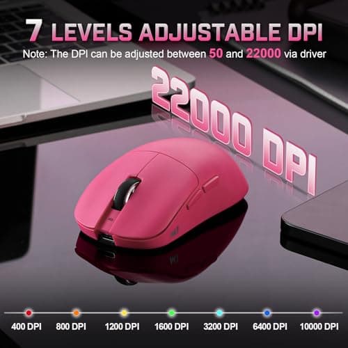 YUNZII M1 Wireless Gaming Mouse, Tri-Mode 2.4G/BT/Wired Gaming Mouse, PAW3311 Sensor 10000 DPI Rechargeable Wireless Mouse with 5 Programmable Buttons, Customizable via Software for Win & Mac (Pink) — view 3