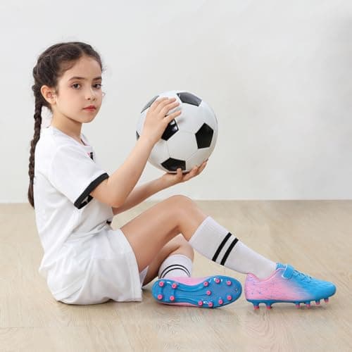 brooman Kids Firm Ground Soccer Cleats Girls Boys Athletic Football Shoes (8 JA,Blue Pink)