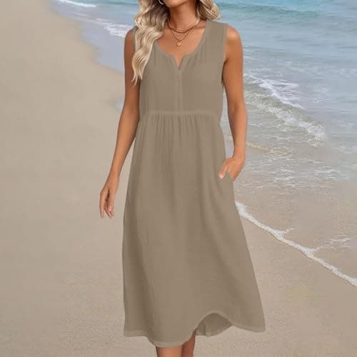 Frostluinai Tshirt Dresses Women Trendy 2026 Summer Dresses for Women Over 60 Womens Cotton Linen Midi Dresses Sleeveless Vneck Empire Waist Beach Casual Sundress