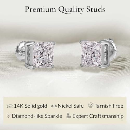 Everyday Elegance Solid 14K White Gold Cubic Zirconia Earrings for Women in Princess Cut | Screw Back Earring | 3 CTW CZ | With Gift Box — view 2