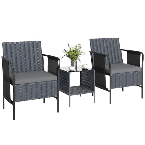 Outsunny 3 Piece Wicker Patio Furniture Set, Outdoor Bistro Set with Side Pockets, Mesh Seat, 2 Tier Glass Table, Cushions, Outdoor Conversation Furniture for Porch Balcony, Grey