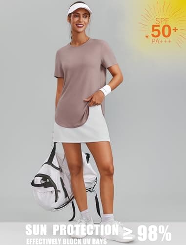 PINSPARK Workout Tops for Women Round Neck Hiking Shirt Short Sleeve Athletic Shirts SPF 50+ Running Top Quick Dry Fitness Clothing, Warm Ash Grey Medium — view 3