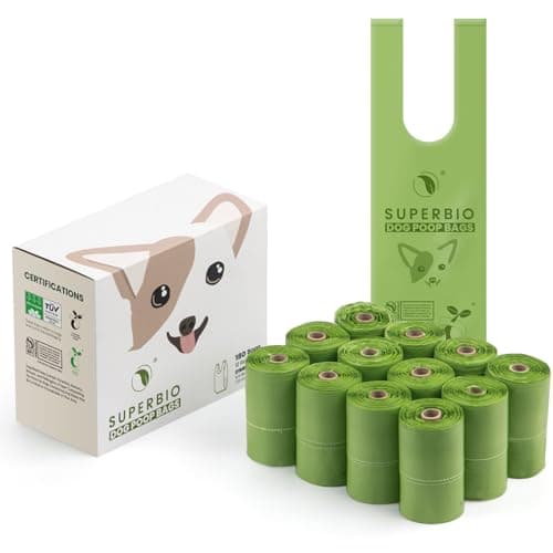 SUPERBIO Handle Tie Dog Poop Bags,12 rolls,180 bags,Extra Thick and Strong, OK compost INDUSTRIAL and BPI Certified