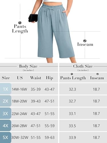 AusLook Plus Size Capri Wide Leg Black 2X Pants for Women with Pockets High Waisted Elastic Drawstring Summer Casual Flowy Straight Lounge Beach Cropped Trousers — view 6