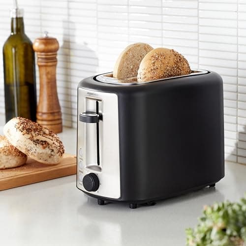 Amazon Basics 2 Slice Toaster, Extra Wide Slots for Bagels, 6 Browning Settings, Removable Crumb Tray, Defrost/Cancel/Bagel Buttons, Cord Wrap, 900W, Black & Silver — view 5