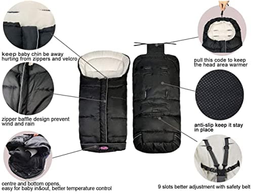 Weather Proof Oudtoor Walking Universal Stroller Bunting Bag with Reflective Strips,Multi-Zippers,Central and Feet Area Opens,Easy for Baby in&Out&Temperature Regulation Footmuff for Stroller,Black — view 2