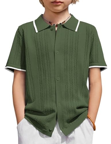 Arshiner Boys Button Down Shirt Short Sleeve Knit Shirt Summer Vintage Fashion Casual Beach Shirts for Kids 3-14 Years Army Green