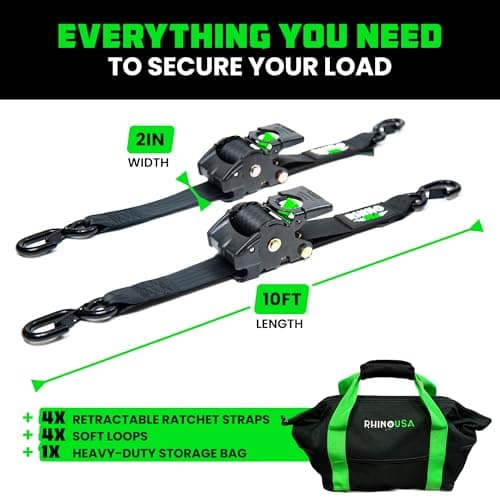 Rhino USA Retractable Ratchet Straps (4-Pack) - 2 Inch x 10 Feet (3,033lb Break Strength) - Heavy Duty Auto Self Retracting Tie Down Straps for Truck, Cargo Trailer, Motorcycle, Rad & More - Black — view 4