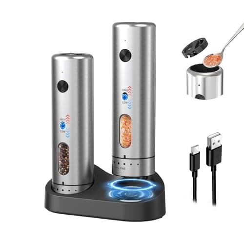 CIRCLE JOY Electric Salt and Pepper Grinder Set with Rechargeable Base Upgraded Stainless Steel Automatic Salt and Pepper Shakers with 2 Grinding Speeds, External Adjustment and 110ml Capacity, Silver