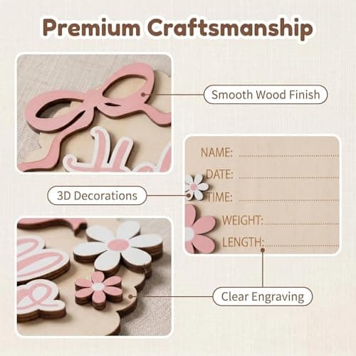 Hello World Baby Sign, Double-Sided Wooden Baby Announcement Sign, Pink Bow Newborn Birth Plaque for Photo Props Nursery Keepsake Shower Gift — view 3