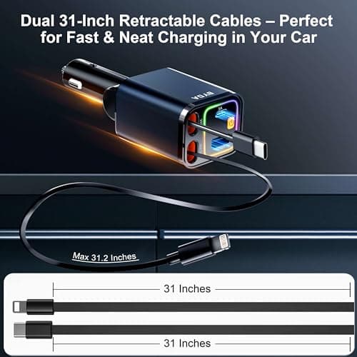 4 in 1 Retractable Car Charger,69W USB-C Fast Car Charger, for iPhone 17/16/15/14/13/12/11, Android,Pixel,Cigarette Lighter Charger (for Type C+Lightn-ing) — view 4