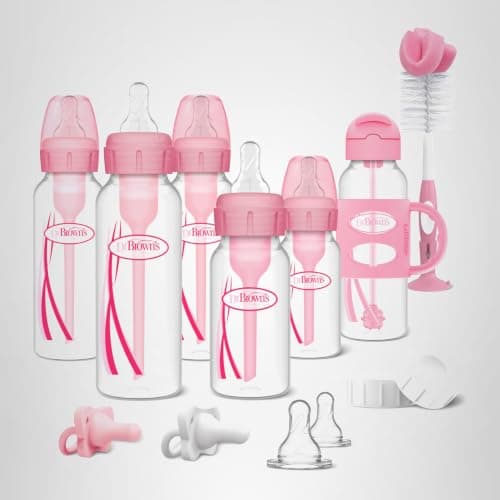 Dr. Brown's Anti-Colic Options+ Narrow Bottle Gift Set with Sippy Straw Bottle, HappyPaci Silicone Pacifiers, Storage/Travel Caps, and Bottle Brush, Pink — view 9