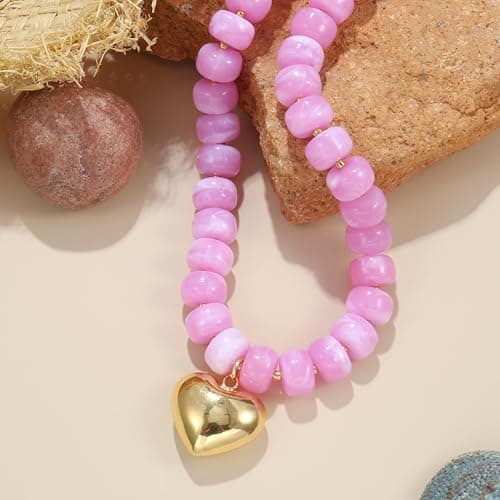 Wassazi Pink Chunky Beaded Necklace for Women, Acrylic Bead Statement Puff Heart Pendant Necklace, Cute Boho Y2K Choker Necklace for Gift Jewelry — view 8