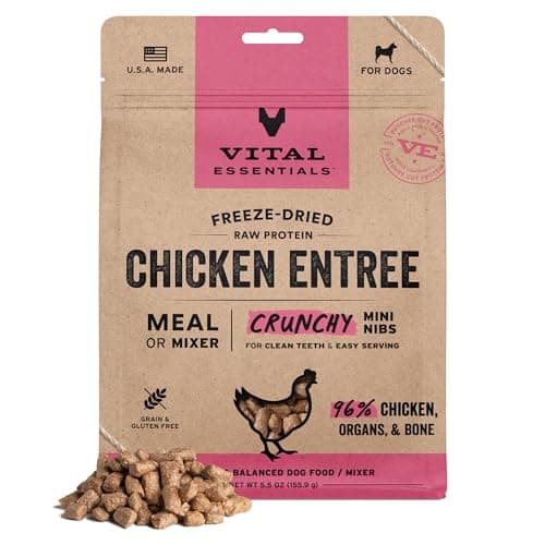 Vital Essentials Freeze Dried Dog Food, Raw Chicken Crunchy Mini Nibs | Complete Meal or Topper | 96% Chicken, Organs & Bone | Limited Ingredient, High Protein, Grain Free Dry Dog Food | 5.5 oz Bag