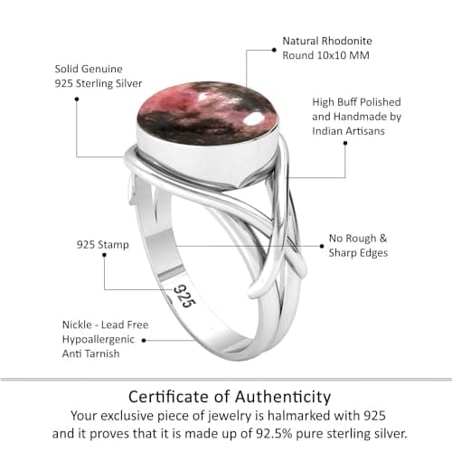 JEWELOPORIUM Pink Rhodonite Silver Ring Size 6.5, 925 Sterling Silver Ring for Women, Genuine Round Gemstone Handmade Jewelry — view 3