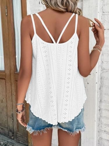 WNEEDU 2026 Womens Summer Tank Tops Eyelet Embroidery Sleeveless Spaghetti Strap Pleated Flowy Scoop Neck Hollow Cami White M