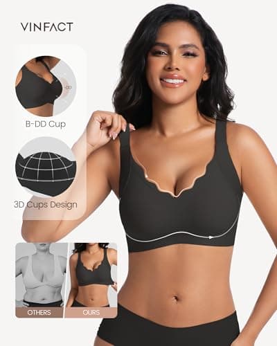 Vinfact Push Up Bras Scalloped Lift Bras for Women No Underwire Seamless Support Everyday Tshirt Bras Black L — view 4