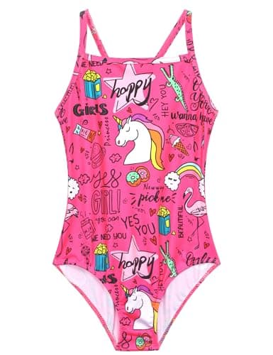 Nokecina Girls Bathing Suit Size 9-10 Years Old One Piece Hotpink Swimsuit Classic Cartoon Swimwear with UV Protection