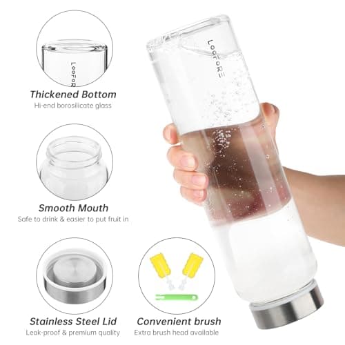 LOOFORE Glass Water Bottle 32 oz with 2 Lids and Straw, 1 Pack — view 2