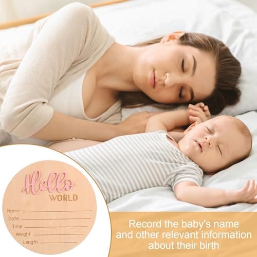 Newborn Announcement Sign with Pen, 5.9in Wooden Hello World Baby Welcome Sign for Newborn Boys and Girls Photo Props Baby Shower Hospital Nursery (Light Pink) — view 5