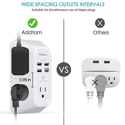 Addtam 5-Outlet Extender Surge Protector, Multi Plug Wall Outlet with 4 USB Wall Charger(1 USB C Ports), Outlet Splitter for Home Office Dorm Room Essentials, Plug Extension Outlet 1800J, 2 Pack — view 2