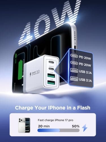 USB C Fast Charger Block, 40W 4-Port USBC Wall Charger Plug, 2Pack Type C Charger Fast Charging Blocks PD Power Adapter+QC USB Multiport Brick for iPhone 17/16/15/14/13/12 11/Pro Max, iPad, Samsung