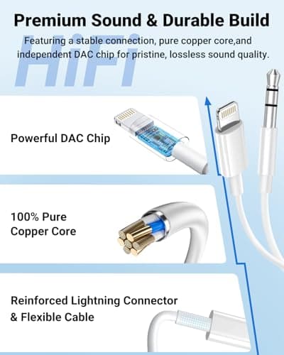 Aux Cord for iPhone,[Apple MFi Certified] Lightning to 3.5 mm AUX Cable for Car Stereo, Speaker, Headphone, Auxiliary Audio Cable Compatible with iPhone 14 13 12 11 XS XR X 8 7 3.3FT 2Pack White — view 2